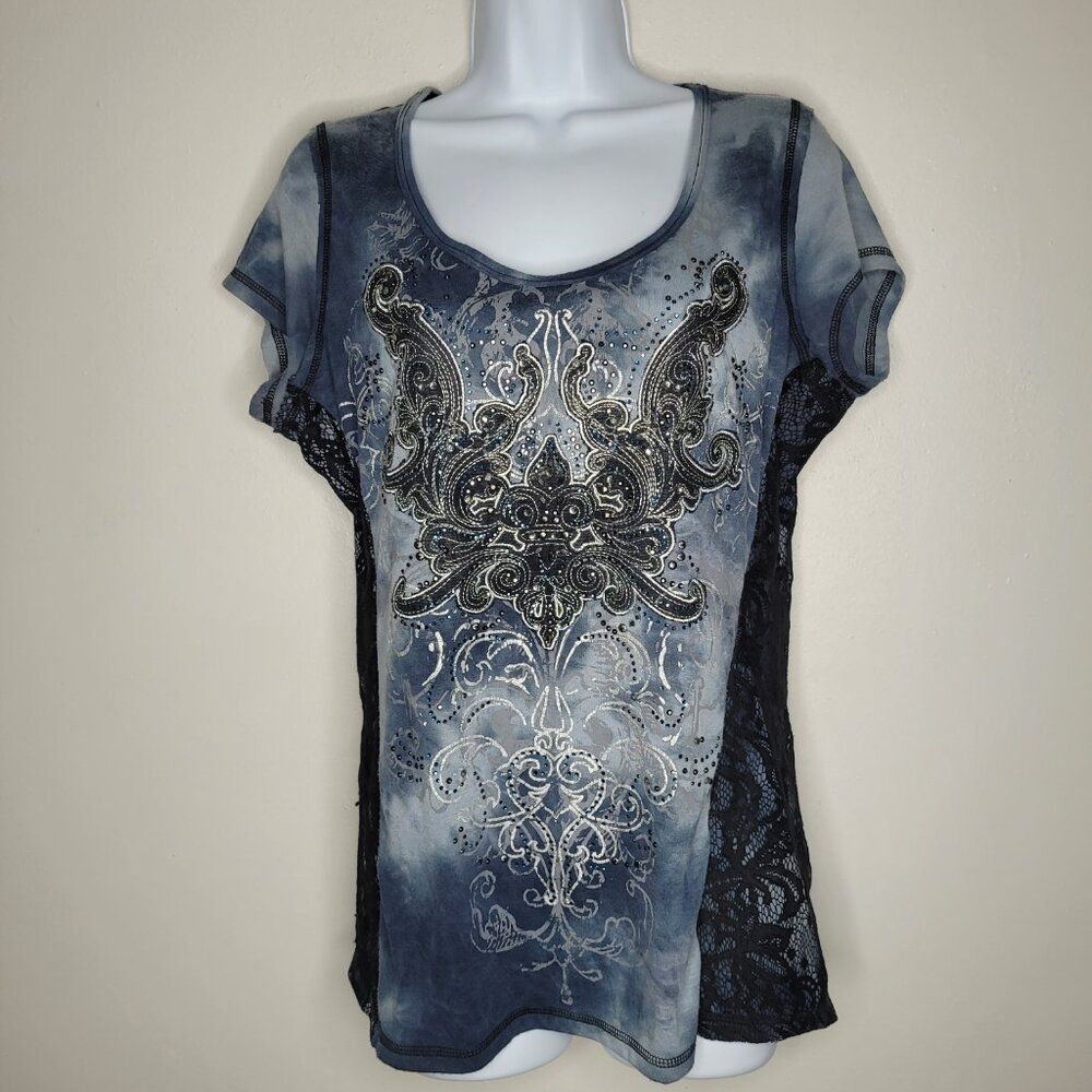 Y2k Maurices blue black grunge mcbling cyber goth lace side shirt size medium
